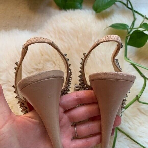Louboutin Nude Leather Clou Spikes Studded Designer Platform Slingbacks Pumps 37 - Picture 9 of 13